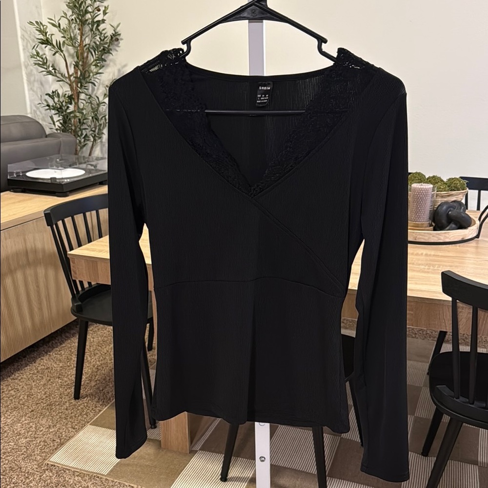Black lace Long Sleeve Blouse with lace accents and surplice style NWOT